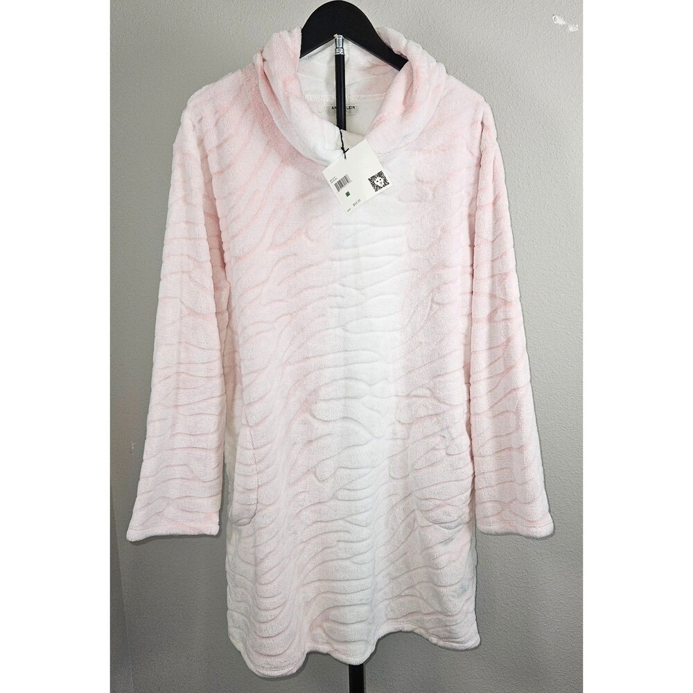Anne Klein Plush Lounger Large Pink Animal Cowl‎ Neck Fleece Tunic NWT L